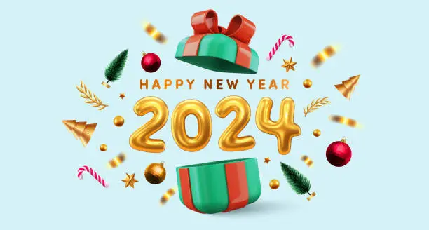 Vector illustration of Happy New Year 2024 Poster or banner,Golden Number Realistic with Open gift boxes and christmas element for Retail,Shopping or Christmas Promotion. Vector illustration eps 10