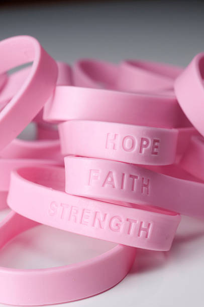 Pink wrist bands with different inspirations on them  stock photo