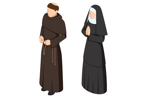 Isometric Christian catholic monk, A nun in traditional robes on white background.