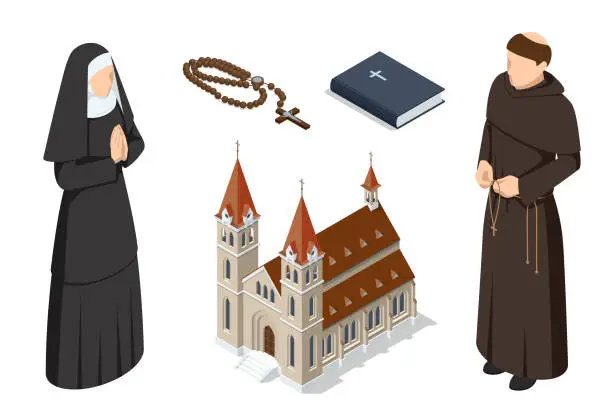 Vector illustration of Isometric Catholic church building, catholic bible, Catholic Priest and A nun in traditional robes in vestment isolated on a white background. Pastor, religious people. Religion and its representatives