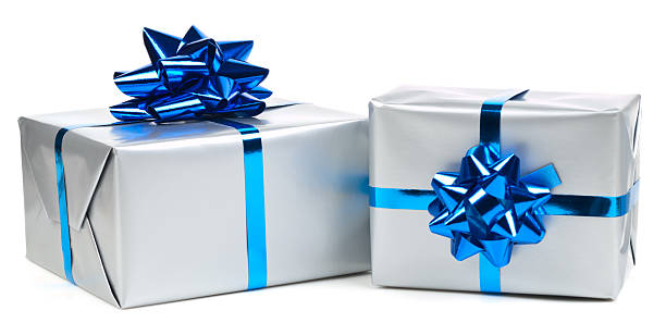 Silver gifts with a shiny, blue bow