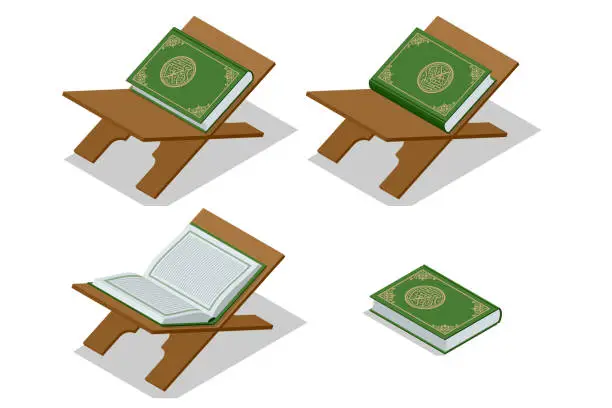 Vector illustration of Isometric Islamic Book Koran. Kuran or Quran , the holy book of all Muslim Worship, making traditional prayer to God.