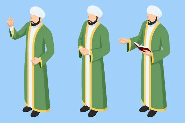 Vector illustration of Isometric Imam isolated on white background. Religion and its representatives. Kuran or Quran , the holy book of all Muslim Worship, making traditional prayer to God.