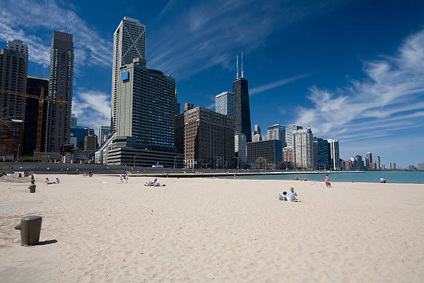 North avenue beach with Chicago skyline aerial view