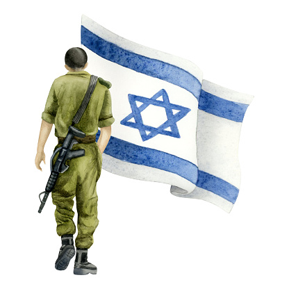 Israel IDF soldier with flag watercolor illustration isolated on white background illustration. Jewish Memorial day, Yom HaZikaron and haShoah.