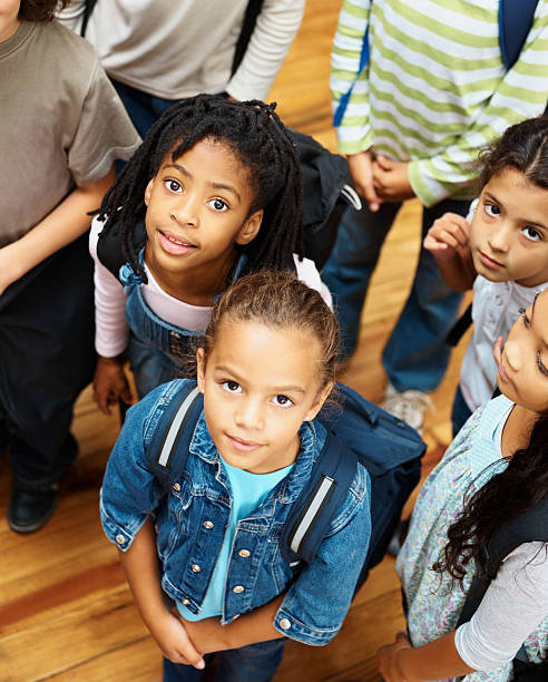 istock Two cute school girl standing with their classmates in group 183262273