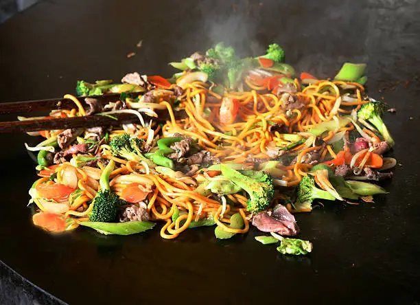 Mongolian Shrimp & Beef on frying pan