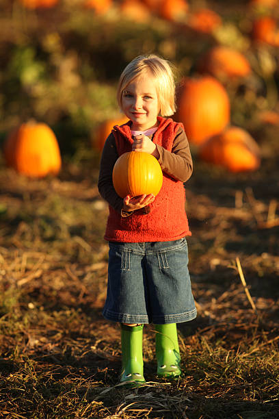 kleines mädchen in pumpkin patch - pumpkin child little girls pumpkin patch stock-fotos und bilder