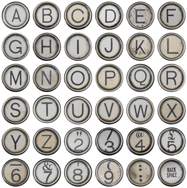 フルアルファベット�と数字を grungey タイプライター - typewriter letter o old typewriter key ストックフォトと画像
