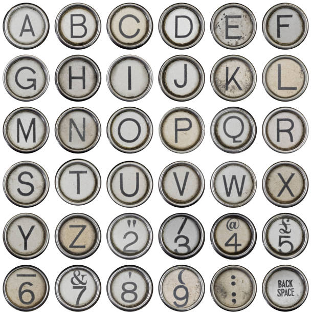 полный алфавит и цифры с grungey появление - letter m typewriter key typewriter alphabet стоковые фото и изображения