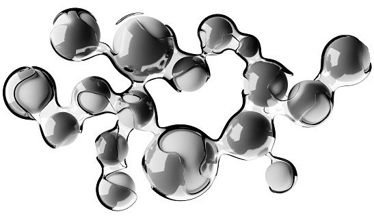 alien structure made of white spheres and flowing glass liquid, molecular, hi-tech concept, abstract design element