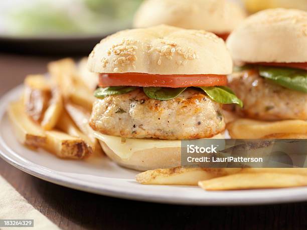 Mini Turcja Burgerów Ze Szpinaku I Pomidorów - zdjęcia stockowe i więcej obrazów Burger z indyka - Burger z indyka, Frytki, Ser