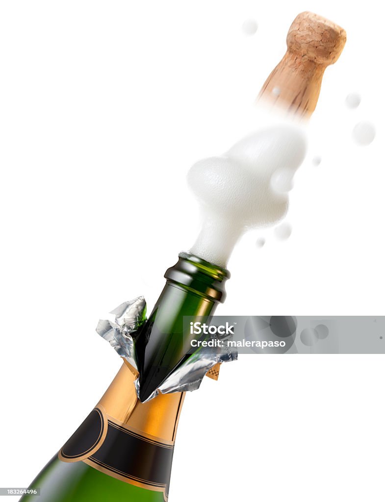 Esplosione di sughero di bottiglia di champagne per festeggiare - Foto stock royalty-free di Spumante