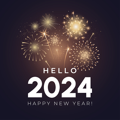 Hello 2024 greeting card design. Happy New Year 2024 greetings against the background of fireworks. Congratulation banner. Vector illustration.