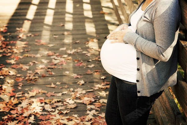 Pregnant woman alone - copy space stock photo