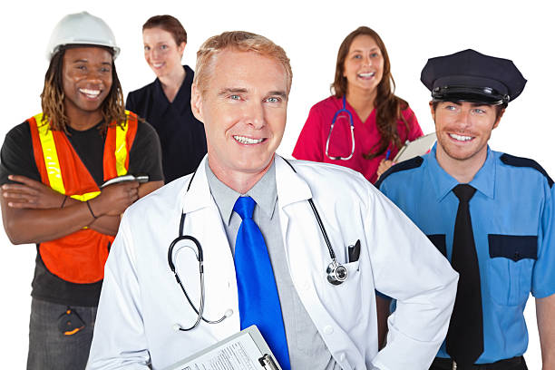 istock Happy Doctor In Front of People With Various Occupations 183264799
