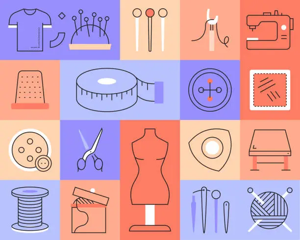 Vector illustration of SEWING Related Vector Line Icons. Outline Symbol Collection