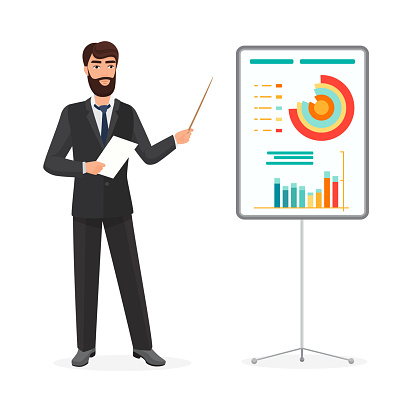 Businessman with beard standing, pointing at business presentation, man speaking for audience vector illustration