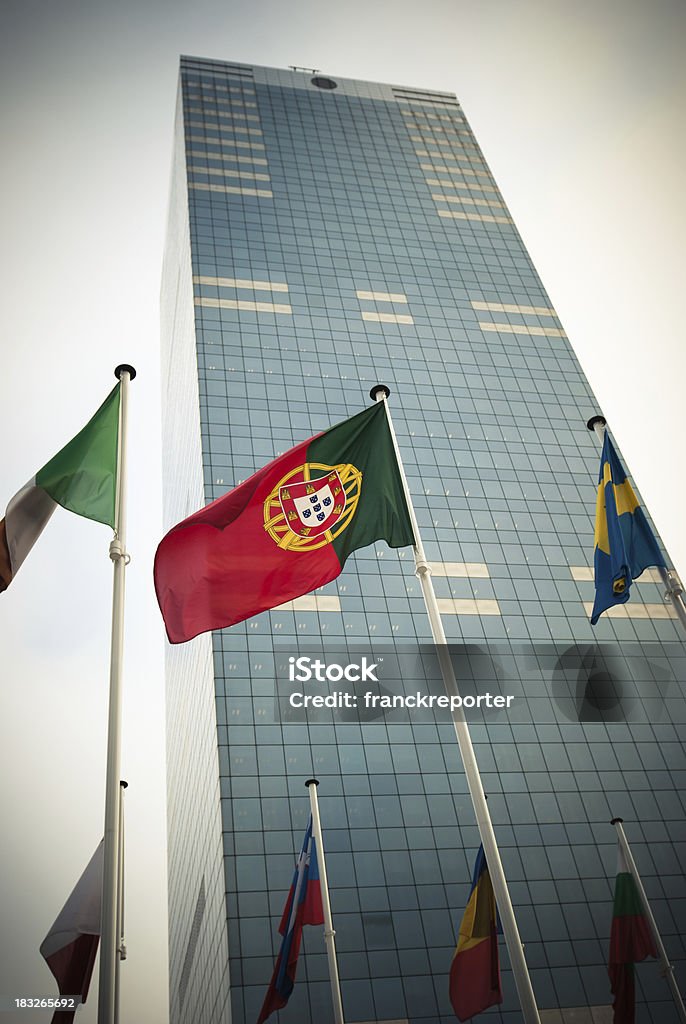 Flags gegen europäische Wolkenkratzer Parlament in Brüssel - Lizenzfrei Architektur Stock-Foto