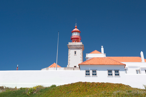 The lighthouse on Cabo da Roca (Cape Roca) the westernmost extent of mainland Portugal and continental Europe in the municipality of Sintra near Cascais and Lisbon.