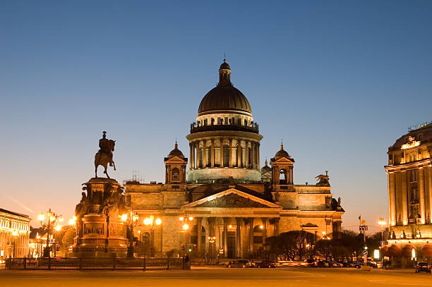 Saint Petersburg, Russia, 04.29.2023: St. Isaac's Cathedral, Astoria Hotel and St. Isaac's Square on a sunny spring day