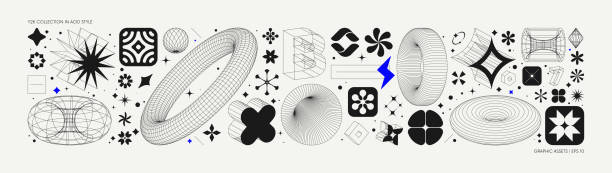 illustrazioni stock, clip art, cartoni animati e icone di tendenza di risorse grafiche vettoriali impostate in stile acido, sfondo futuristico retrò con elementi wireframe di diverse forme, forme moderne audaci per modello di design, poster, vestiti, adesivi, banner in stile y2k - moderno immagine