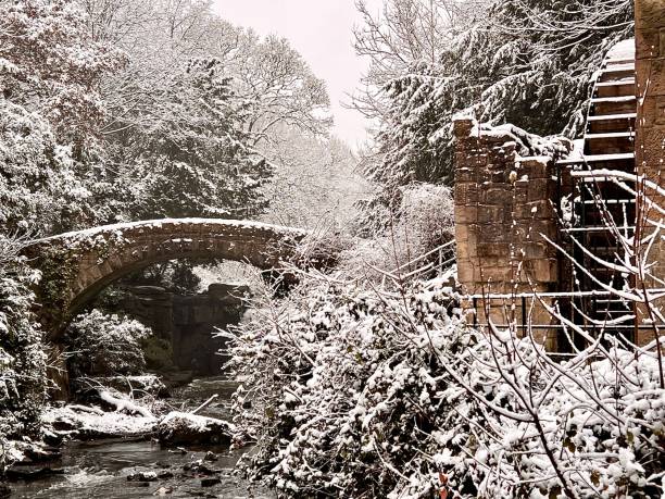 A disused water mill and bridge in snow at Jesmond Dene in Newcastle Upon Tyne A disused water mill and bridge in snow at Jesmond Dene in Newcastle Upon Tyne jesmond stock pictures, royalty-free photos & images