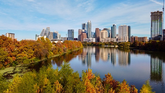 High view of leaves changing color in Austin downtown skyline.