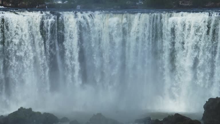 Iguazu Falls Waterfall in Argentina, Wide Falling Water View in Iguacu, South America, Large River Stream Falling onto Rough Rugged Rocky Pool, Aesthetic Scenery of Crashing Water