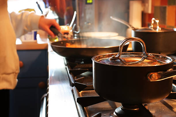 istock Inside of a restaurant kitchen focusing on the cooking pans 183269631