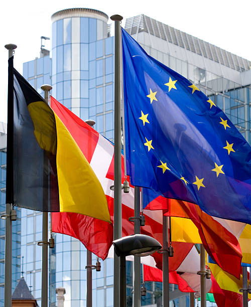 Flags with European Parliament in Brussels stock photo