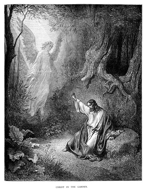 Christ in the Garden Vintage engraving from the 1870 of a scene from the New Testament by Gustave Dore showing Jesus in the Garden garden of gethsemane stock illustrations