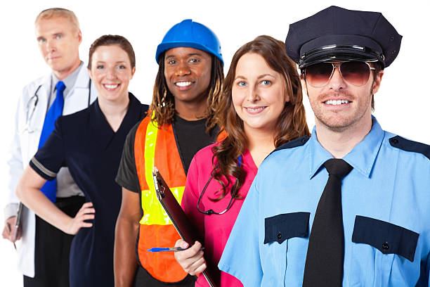 istock Police Officer and other workers lined up, Isolated on White 183270170