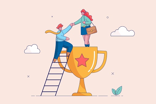 Teamwork concept. Partnership help success, support or mentor to assist to achieve goal and win together, trust or leadership, businesswoman help colleagues to climb up ladder step on winning trophy.