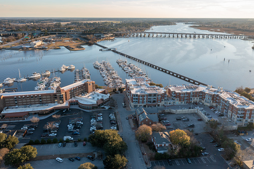 New Bern North Carolina - January 19 2022: Aerial View of Hotels and a Marina on the Trent River in New Bern North Carolina