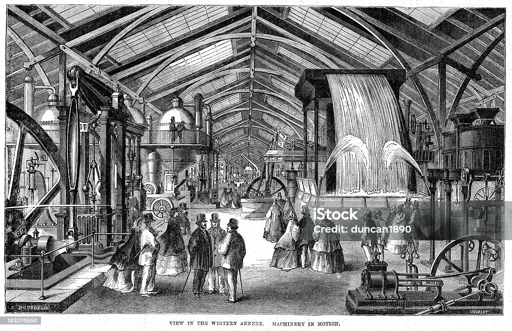 World's Fair 1862 London "Vintage engraving from 1862 of the interior of the World's Fair of 1862, London, England" Industrial Revolution stock illustration