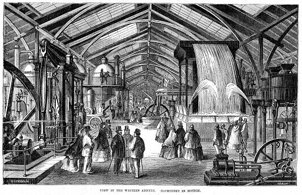 World's Fair 1862 London "Vintage engraving from 1862 of the interior of the World's Fair of 1862, London, England" industrial revolution stock illustrations