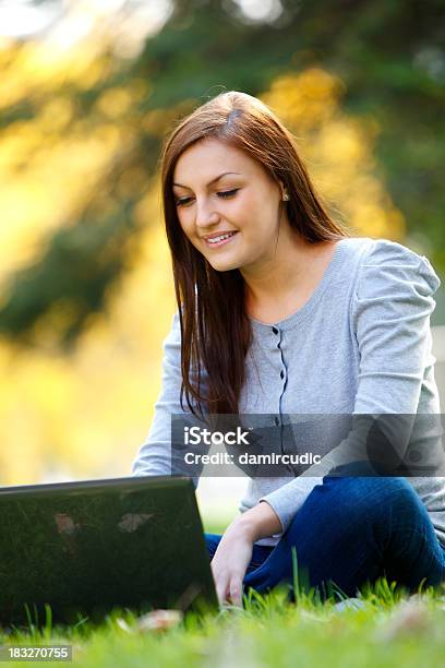 Piękna Dziewczyna Pracy Na Laptopie W Naturze - zdjęcia stockowe i więcej obrazów 20-24 lata - 20-24 lata, Brązowe włosy, Codzienne ubranie