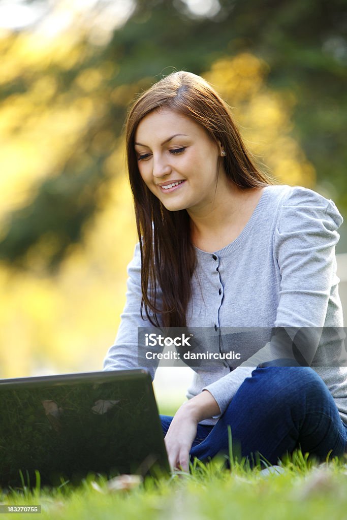 Menina bonita, trabalhando no computador portátil na natureza - Royalty-free 20-24 Anos Foto de stock