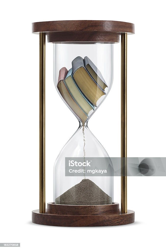 Books Transform in Hourglass E-book time! A stack of old books inside the hourglass and transform into a sand. Hourglass Stock Photo