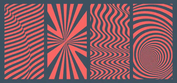 Vector illustration of Black and red dynamic surface with effect of optical illusion. Wavy background of lines. Striped pattern. Abstract inside the tunnel. 3d vector illustration.