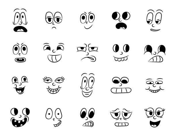 коллекция старой ретро традиционной мультиплика�ционной анимации. винтажные лица людей с разными эмоциями 20-х, 30-х годов. эмодзи выражения с - human face cartoon bizarre smiley face stock illustrations