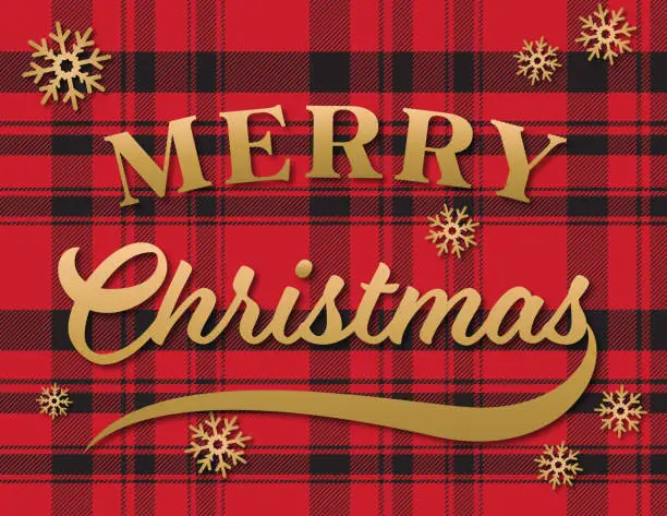 Vector illustration of Merry Christmas Text On A Plaid Background