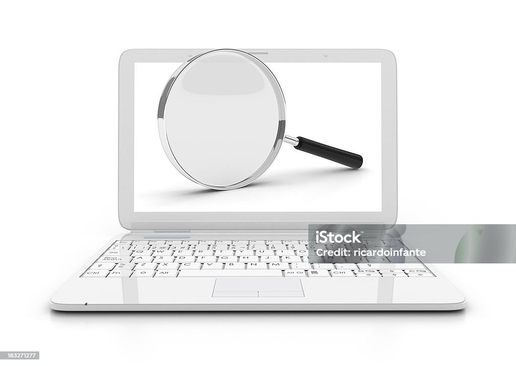 Laptop - magnifying glass "3D Rendering, search concept." Communication Stock Photo
