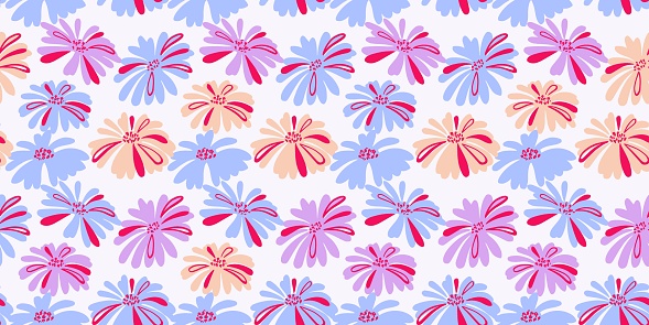 Vibrant seamless pattern with stylized flat shape flowers. Vector hand drawn sketch doodle. Simple cartoon floral print. Design for fashion, fabric, wallpaper.