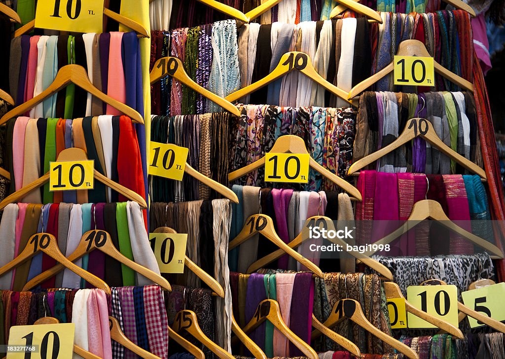 Close-up of an assortment of scarves in a store Store Number 10 Stock Photo