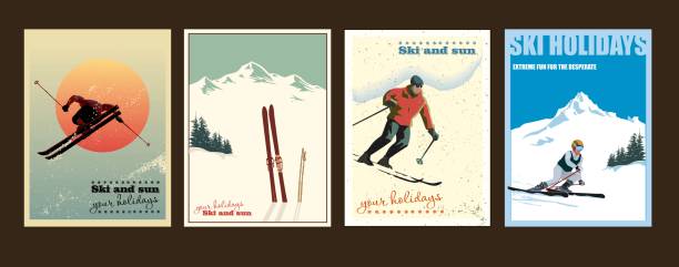 vier dekorative poster in verschiedenen stilen über skiurlaub, sport. - skiing ski winter sport freestyle skiing stock-grafiken, -clipart, -cartoons und -symbole