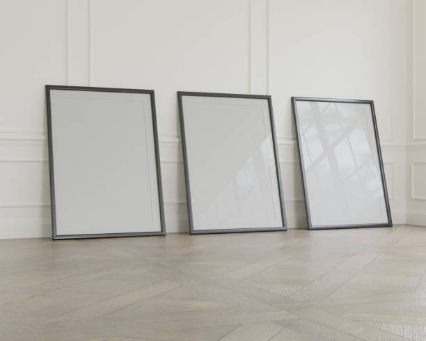istock Mockup poster three black wood frame in empty picture interior vertical on floor illustration 3d rendering. 1832728687
