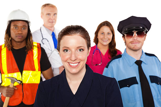 istock Happy Female Flight Attendant With Other Professional Adults 183272979