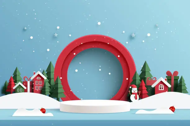 Vector illustration of Merry Christmas and Happy new year background. White podium in Red circle decorated with christmas tree, Snowman and Red House. Paper art vector illustration.